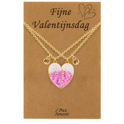 Koppel Ketting voor 2 'Fijne Valentijnsdag' - Roze Glitter Hartje - Vriendschapsketting op Cadeau Kaartje - 45cm + 5cm verstelbaar - Goudkleurig - BFF Hanger - Pax Amare