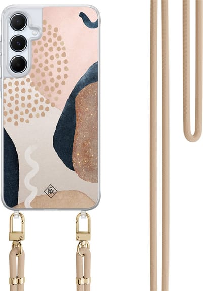 Casimoda® hoesje met koord - Geschikt voor Samsung A15 - Abstract Dots - Afneembaar koord - TPU/polycarbonaat - Bruin/beige