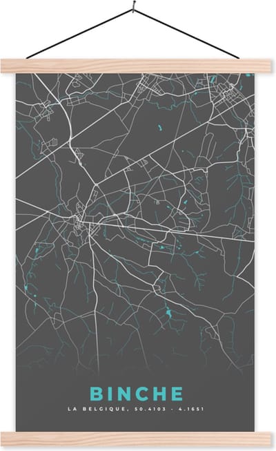 Posterhanger incl. Poster 40x60 cm - Schoolplaat - Plattegrond – Binche – Blauw – Stadskaart - Kaart - België - Textielposter - Blanke latten - Stadskaart