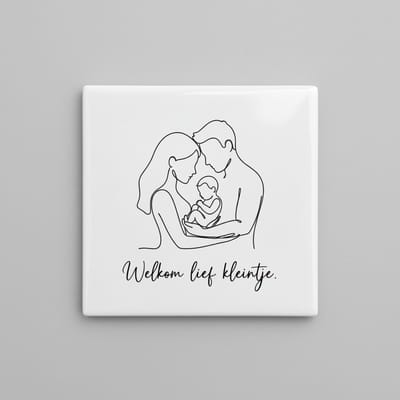 Welkom Lief Kleintje Familie Lijntekening Tegel – Baby Geboorte Wanddecoratie – Keramische Tegel 15 × 15 cm