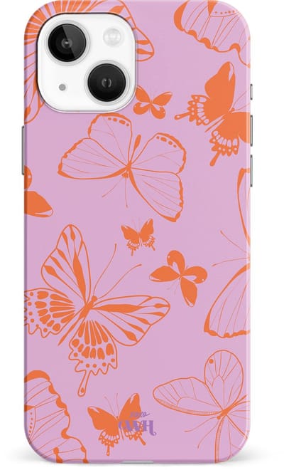 xoxo Wildhearts Give Me Butterflies - Single Layer - Hard hoesje geschikt voor iPhone 14 Plus hoesje - Siliconen hoesje met vlinders - Beschermhoesje geschikt voor iPhone 14 Plus hoesje roze, oranje