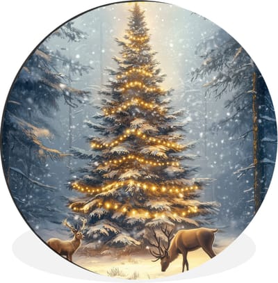 WallCircle - Wandcirkel - Muurcirkel - Kerstlicht - Woud - Hert - Donker - Aluminium - Dibond - 30x30 cm - Binnen en Buiten