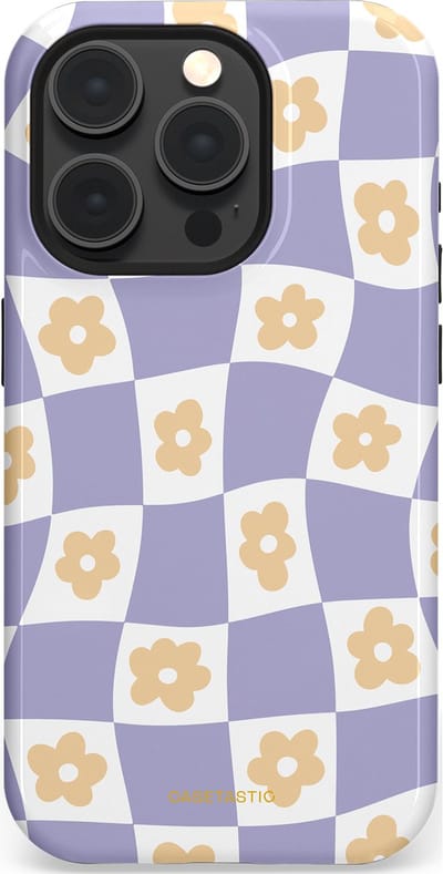 Casetastic hoesje geschikt voor Apple iPhone 15 Pro - MagSafe - Dubbellaagse bescherming - Kronkelende madeliefjes - Fashion Case - Lila Wit Zand Lichtgrijs