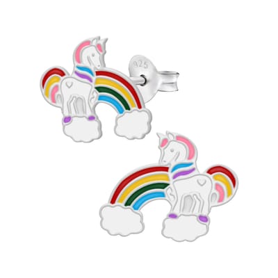 Zilveren oorstekers - eenhoorn - meisjes oorbellen - regenboog