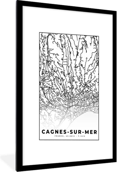 Fotolijst incl. Poster Zwart Wit- Cagnes-sur-Mer - Frankrijk - Plattegrond - Stadskaart - Kaart - Zwart wit - 60x90 cm - Posterlijst