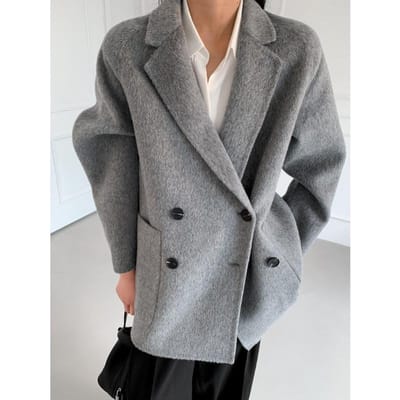Korte wollen jas voor kleine vrouwen, handgestikte dubbelzijdige wollen jas voor herfst en winter, losvallend, veelzijdig, zacht, wasachtig en warm M gray