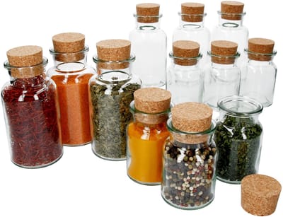 Set van 12 kruidenpotjes 6x 300ml + 6x 150ml + kurk, opslag voor thee, kruiden & specerijen