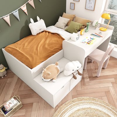 STILVORA Kinderbed 90x200 cm – Eenpersoonsbed Met Ingebouwd Bureau & 2 Lades – Verhoogde Zijwanden & Onderbedopslag – Massief Hout+MDF – Wit – Zonder matras