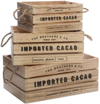 Atmosphera Opbergkisten set 3x stuks - hout - decoratief - vintage look - 35 x 25 x 15 cm - 3 formaten set - Fruit kistjes - lichtbruin