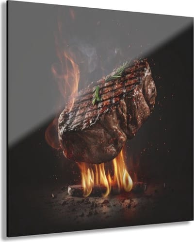 Indoorart - Glasschilderij steak 50x50 CM - Afbeelding op plexiglas - Inclusief montagemateriaal