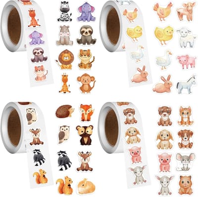 2000 Stuks Ronde Dierenstickers, 2.5 cm Zelfklevende Beloningsstickers, 32 Patronen Cartoon Dieren Beloning Sticker, Waterdicht Dierenstickers voor Kinderen, Dieren Stickerrol voor School, Klaslokaal