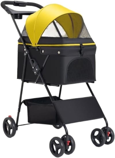 Huisdieren Wandelwagen - Dierenbuggy Kat Hond - Comfortabel Transport - Opvouwbaar Met Mand - Tot 15 kg - Geel