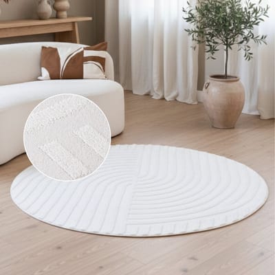 TAPISO Hygge Rond Vloerkleed Crème-Wit Modern Laagpolig 3D Geometrisch Ontwerp Duurzaam, Slijtvast & Makkelijk te Reinigen Tapijt Woonkamer & Slaapkamer OEKO-TEX - 80x80