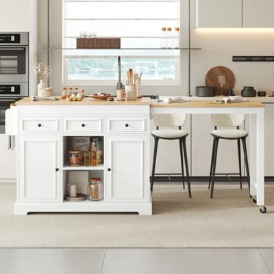 Keukeneiland – Wit en naturel houtkleurig MDF – 124x45x92 cm – Uitschuifbaar werkblad – Voorzien van lades en kruidenrek – Veelzijdig ontwerp, geschikt voor zowel de keuken als de eetkamer