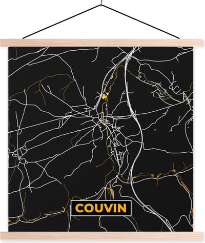 Posterhanger incl. Poster 40x40 cm - Schoolplaat - Stadskaart - Couvin - Goud - Kaart - Plattegrond - Textielposter - Blanke latten - Stadskaart