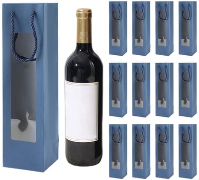 Dailygoods- Wijnzak Herbruikbaar - 12 Kraftpapieren Flessenzakken - Helder Venster - Touwgrepen - Cadeauverpakking Wijnfles - Perfect voor Feest en Vakantie - Fleszak