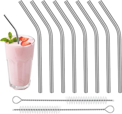 Set van 8 RVS Gebogen Drinkrietjes, Herbruikbare Metalen Rietjes met 2 Reinigingsborstels, Ideaal voor Sappen, Cocktails en Koffie