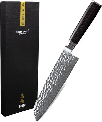 Shinrai Knives - Santoku mes 18 cm - Koksmes - Damascus Mes - Hammered Damast BR - Met Luxe Geschenkdoos - Koksmes - Keukenmes - Japans Hakmes