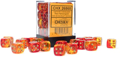 Chessex Gemini Translucent Red-Yellow/gold D6 12mm Dobbelsteen Set (36 stuks)