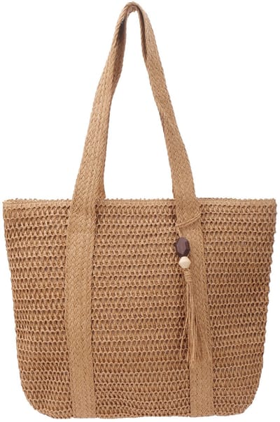 Ultiluxe® Strandtas voor Dames - Schoudertas met kwastje - 42 x 39 cm - Shopper met Ritssluiting - Geweven Damestas - Groot - Bruin