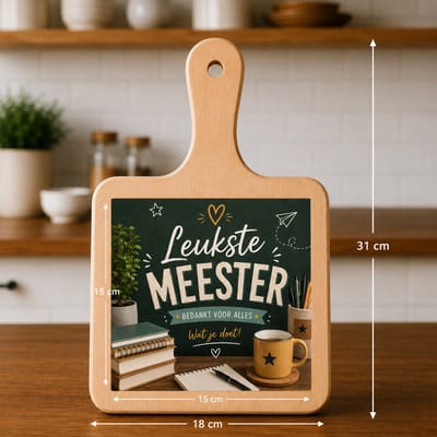 Kaasplank Leukste Meester – Houten Serveerplank met Tegel 15x15 cm – Bedankje voor Meester – Plank 18x31 cm
