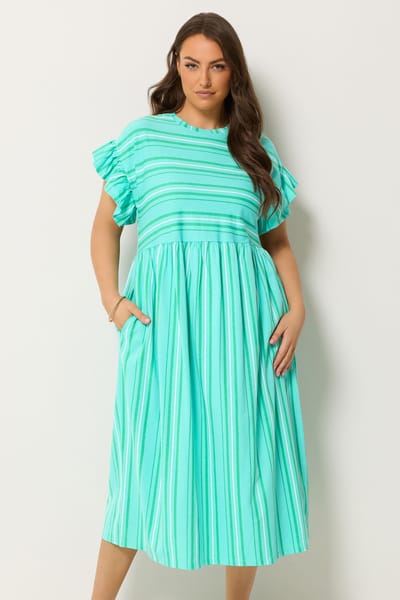 Yours Groene Jurk Met Strepen En Ruches Aan De Mouwen Size 46
