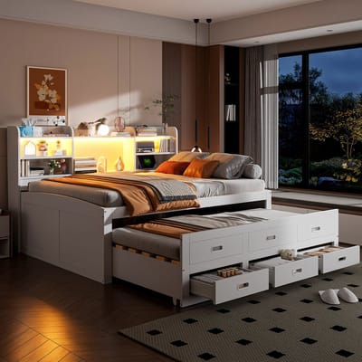 MEUNIQ bedbank 140 x 200 cm met uitschuifbed, LED-verlichting, 3 lades, nachtplank, USB en Type-C, zonder matras, wit, slaapkamer