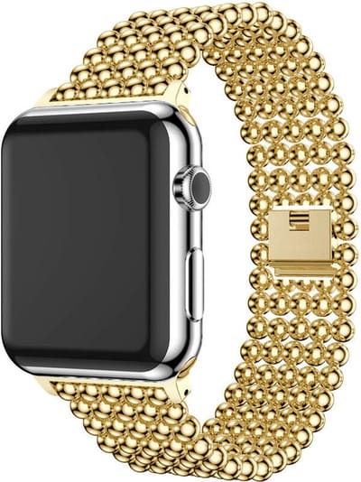 Strap-it Stalen Parel schakel band - Geschikt voor Apple Watch bandje - Series 1/2/3/4/5/6/7/8/9/10/11/SE/SE2/SE3 - Goud - RVS band met parel patroon - Metalen iWatch bandje maat: 38 / 40 / 41 / 42mm