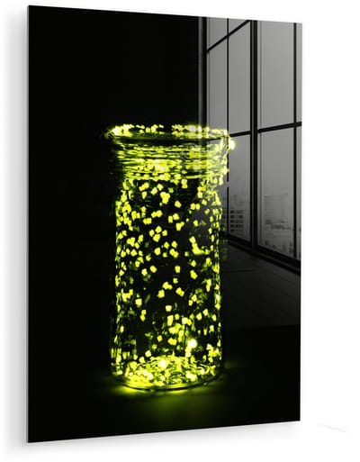 ® Glasschilderij 120x160 cm - Schilderij acrylglas - Een glazen pot gevuld met flitsende vuurvliegjes - Foto op glas - Muurdecoratie woonkamer - Wanddecoratie slaapkamer - Schilderijen