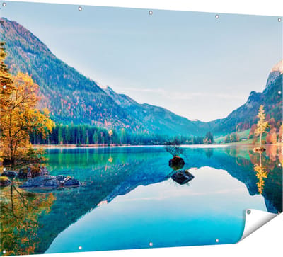 Gards Tuinposter Meer met Herfstbomen - 160x120 cm - Tuindoek - Tuindecoratie - Wanddecoratie buiten - Tuinschilderij
