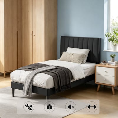 KUTAS Gestoffeerd bed 90x200 CM - Eenpersoonsbed - Metalen Bedframe - Bedden Met Opbergruimte en Lattenbodem - Bedframe Met Verstelbaar Gestoffeerd Hoofdbord - Zwart