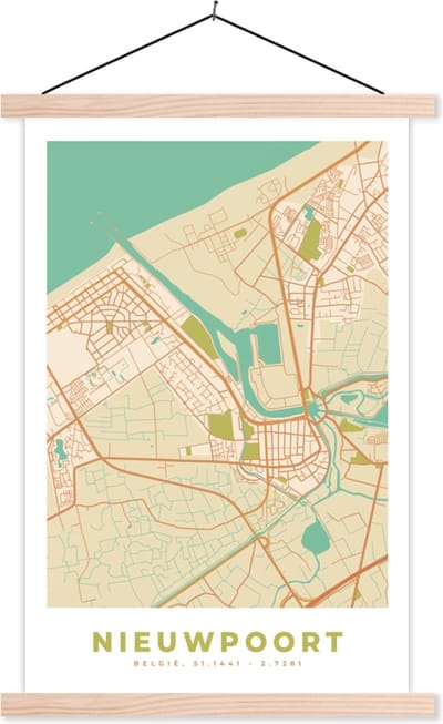 Posterhanger incl. Poster 40x60 cm - Schoolplaat - België - Plattegrond - Nieuwpoort - Kaart - Stadskaart - Textielposter - Blanke latten - Stadskaart