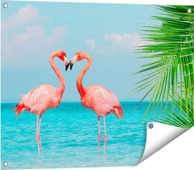 Gards Tuinposter Twee Flamingo's in een Hart Vorm in het Water - 80x60 cm - Tuindoek - Tuindecoratie - Wanddecoratie buiten - Tuinschilderij