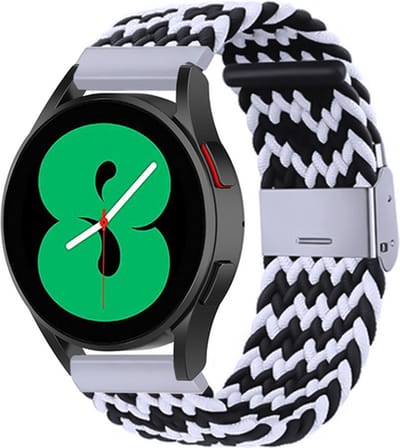 By Qubix - Braided nylon bandje 20mm - Zwart / wit - Geschikt voor Samsung Galaxy Watch 7 (40 & 44mm) - Galaxy Watch FE - Galaxy Watch 6 - Galaxy Watch 6 Pro - Galaxy Watch 5 - 5 Pro - Galaxy Watch 4 - 4 Classic - Active 2 - Watch 3 (41mm)