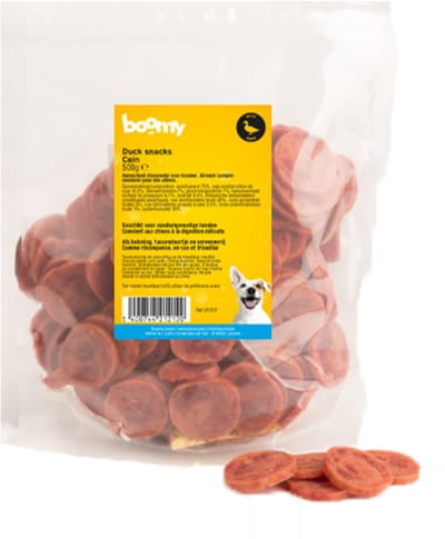 Boomy - Duck Coins – Ronde hondensnacks met eend - Licht verteerbaar hondensnoepjes en perfect als beloning - Hypoallergene hondenkoekjes 500g