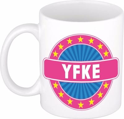 Bellatio Decorations - Yfke voornaam - koffiemok - beker - wit/roze - 300 ml - Cadeau - Dames - Collega - Moederdag - Verjaardag