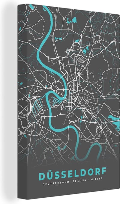Canvas Schilderij Duitsland – Blauw – Düsseldorf – Stadskaart – Kaart – Plattegrond - 20x30 cm - Wanddecoratie