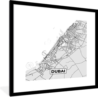 Fotolijst incl. Poster Zwart Wit- Dubai - Stadskaart - Plattegrond - Zwart Wit - Kaart - 40x40 cm - Posterlijst