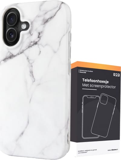 R2B Hoesje geschikt voor iPhone 16 - Marmer - Screenprotector - Wit - Telefoonhoesjes - Gsm Hoesje - Phone Case - Model de Bilt