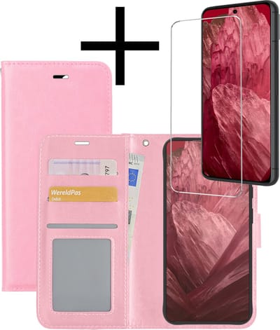 Hoesje - Met Screenprotector - Geschikt voor Google Pixel 8a - Luxe Pasjeshouder - Bookcase Portemonee - Flip Case - Kunstleer Book Case - Flipcase - Book Cover - Walletcase - Portemonneehoes - Lichtroze
