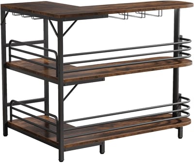 Pugsdrly L-vormige bartafel, bistrotafel met 3 niveaus, plank, flessenrek en glazenhouder, industriële hoektafel voor keuken, woonkamer, industrieel design, rustiek bruin