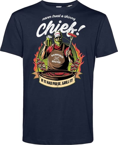 T-shirt Never Trust A Skinny Chief | Vaderdag cadeau | Vaderdag cadeau met tekst | Bbq schort mannen | Navy | maat XS