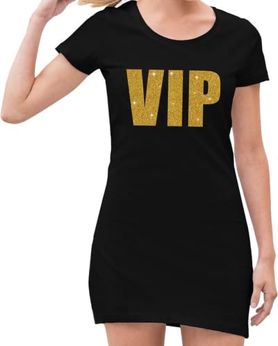 VIP tekst jurkje met gouden glitter letters voor dames - Zwart jersey jurkje 38
