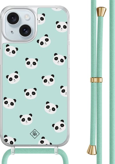 Casimoda® hoesje met mintgroen koord - Geschikt voor iPhone 15 - Panda Print - Afneembaar koord - TPU/acryl - Mint