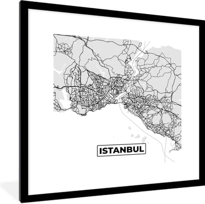 Fotolijst incl. Poster Zwart Wit- Istanbul - Plattegrond - Stadskaart - Zwart Wit - Kaart - 40x40 cm - Posterlijst