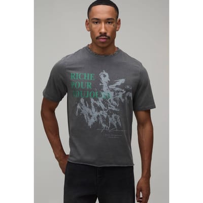 Regular Boxy Grunge Print Vintage Gewassen T-shirt | Washed Charcoal | Size XL