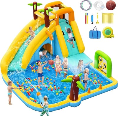 Opblaasbaar Waterglijbaan & Springkasteel 10-in-1 – Waterspeelpark voor Kinderen – Met 450W Ventilator – Voor Tuin & Binnen