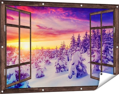 Gards Tuinposter Doorkijk Zonsondergang in het Sneeuw Bos - 120x80 cm - Tuindoek - Tuindecoratie - Wanddecoratie buiten - Tuinschilderij