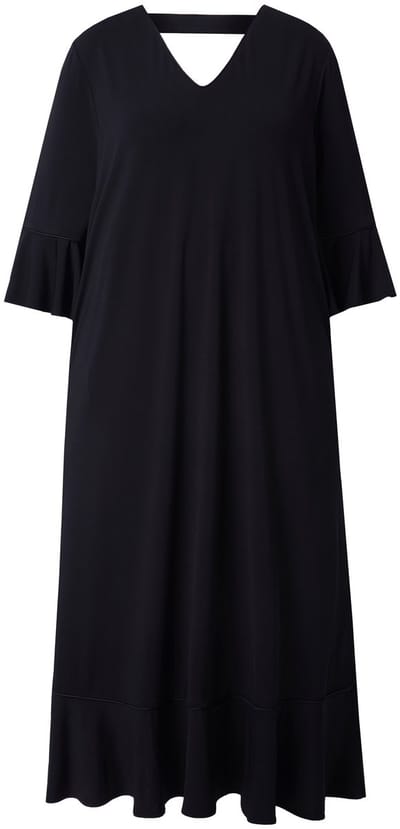 Ulla Popken - Dames - Maxi-jurk volants A-lijn V-hals 3/4-mouwen - Zwart - Maat 46+