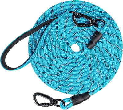 Sleeplijn voor kleine en grote honden, 5 m, 10 m, 15 m, 20 m lang, gevoerde handgreep, dubbele robuuste haak (blauw, 15 m)